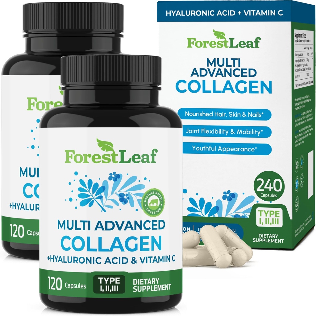 Pilules de collagène Multileaf avec acide hyaluronique + vitamine C. Suppléments de collagène hydrolysés pour femmes ou hommes.