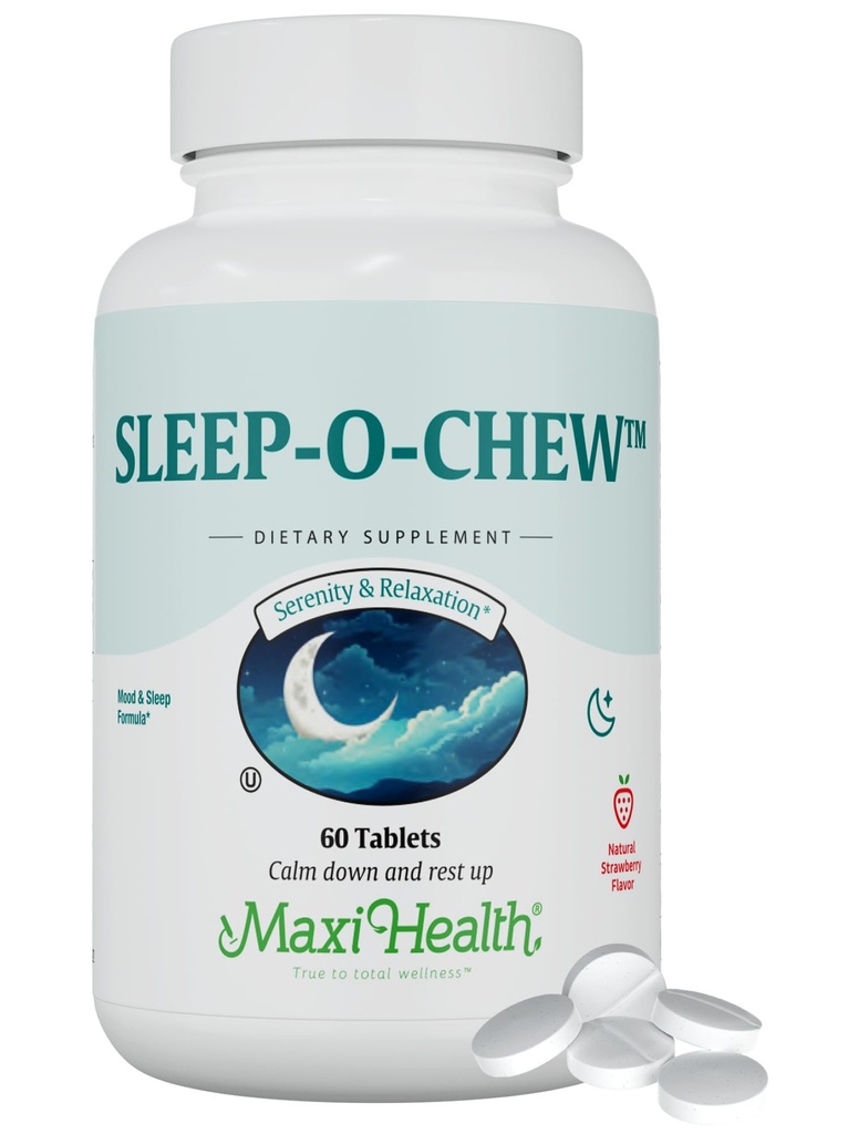 Maxi Health Sleep-O-Chew Strawberry Comprimés à croquer avec Magnésium, Inositol, L-Tryptophane, 3mg Melatonine pour le soutien du sommeil - Non Habit formant aide au sommeil pour les adultes, supplément de sommeil Kosher, 60 comte