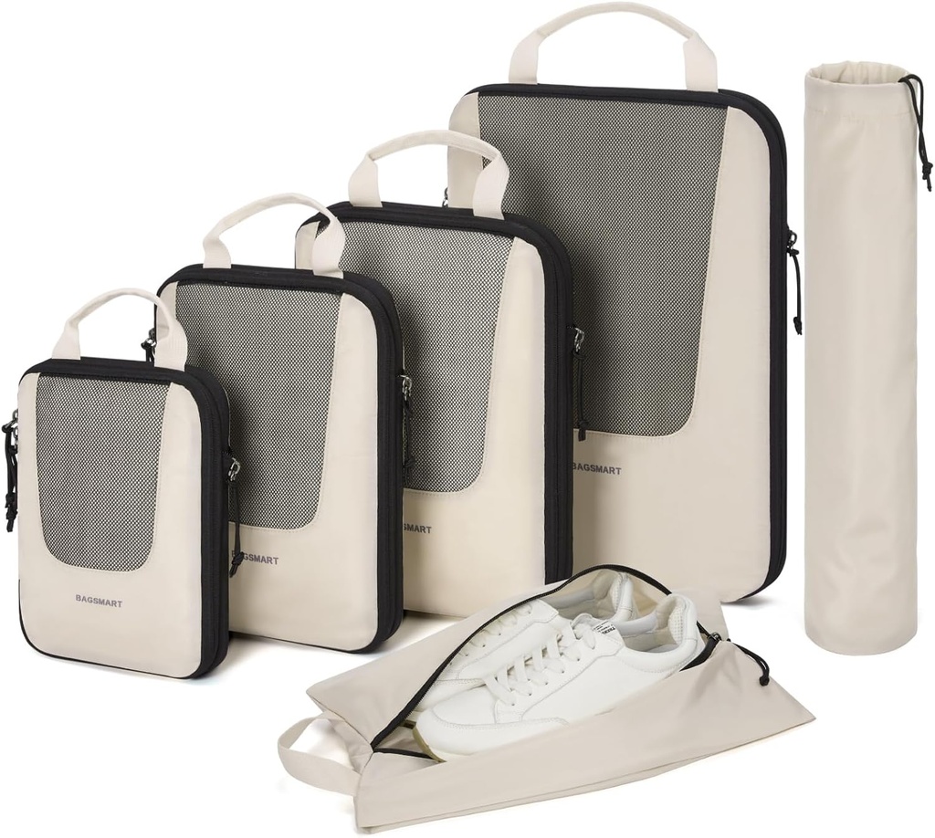BAGSMART Cubes d'emballage de compression pour le voyage, 6 Set/5 Set/4 Set, Sacs d'organisateur de valises de compression pour les valises de voyage essentiels, Organisateurs d'emballage léger