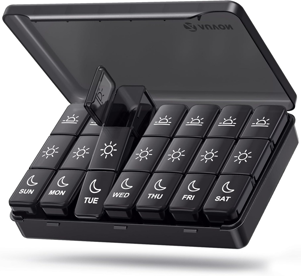 AUVON Weekly Pill Organizer 3 fois par jour, grande boîte à pilules 7 jours avec double protection pour les voyages, Black Pill Case pour la protection de la vie privée, Pill Container léger pour les médicaments, vitamines, huiles de poisson