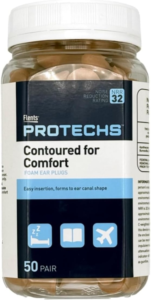 Flents Protechs Disposable Foam Ear Plugs, Contoured for Comfort, Ideal for Work, Loud Noise, Heavy Machinery, Construction, Studying, Shooting & Traveling, NRR 32, Beige, Easy to Use, 50 Pair