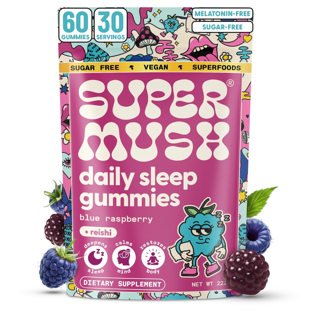 SuperMush Sleep Gummies für Erwachsene - Pilzergänzung mit Magnesium Citrat, L-Theanin, Chaga, Reishi & Kamille für Tiefschlaf, REM & Detox - Vegan & Sugar-Free - 60 Gummis (30 Portionen)