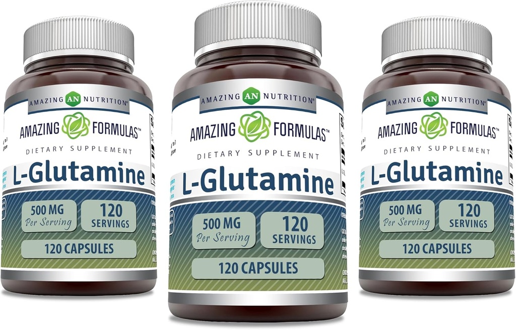 Erstaunliche Formeln L-Glutamin 500 mg Kapseln | Aminosäure Ergänzung | Non-GMO | Gluten Free | Made in USA (3 Pack, 120 Count)