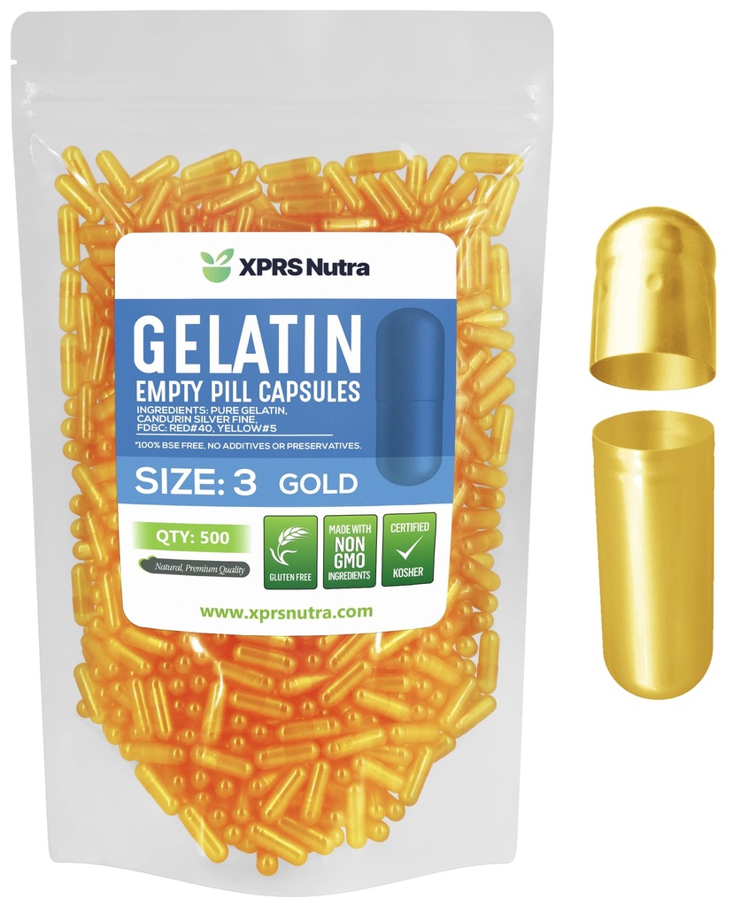 XPRS Nutra Size 3 capsule vuote - 500 conta capsule Gelatin vuote - pillole DIY Capsule Filling - Pure Bovine Pill Gel Caps Fillable for Do-It-Yourself Vitamins and Supplements (oro)