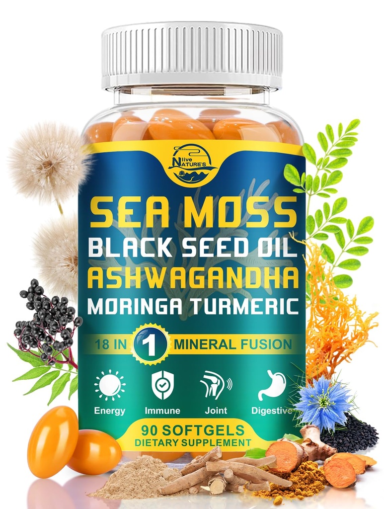 Nature's live Organic Sea Moss Softgels, with Black Seed Oil, Ashwagandha, Bladderwrack, Ginger, Burdock Root, Manuka Honey, Cinnamon für Immunsystem, Haut, Energie, 90 Softgels, 1 Pack