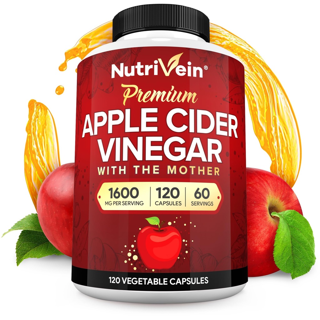 Nutrivein Premium Aceto di Sidro di Mela Integratori con Madre - 1600 mg - 120 capsule di Aceto di Sidro di Mele: ACV Pillole per Digestione, Keto, Detergente e Nutrizione Equilibrata