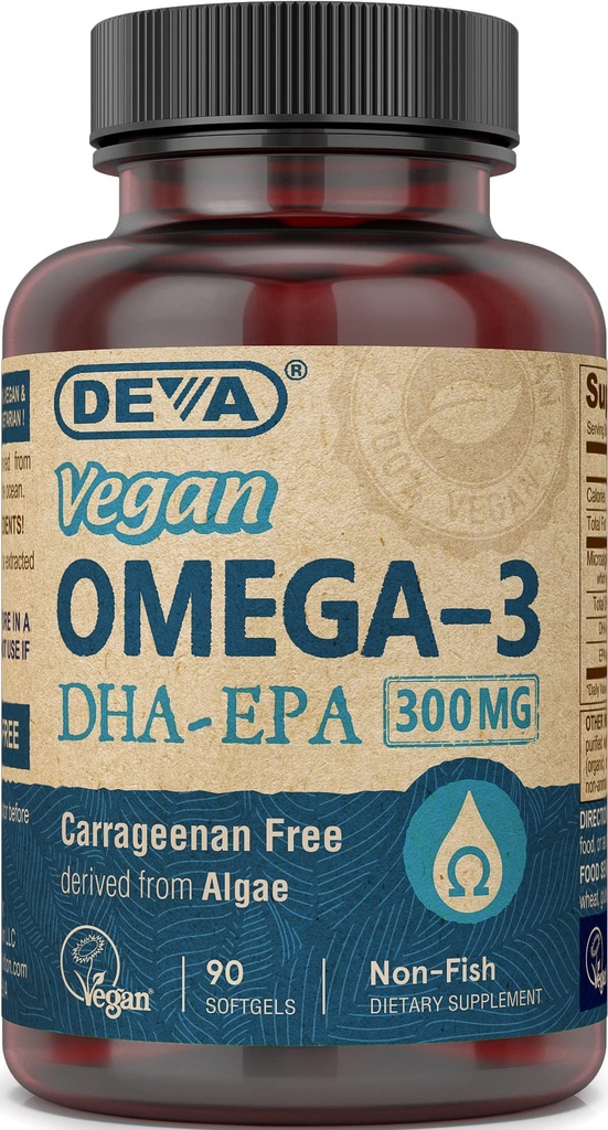 DEVA Vegan Omega-3 DHA-EPA 300MG – Kein Carrageen, Nicht-Fischöl aus Algen, Nicht-GVO, 90 Gelatine-freie Softgele