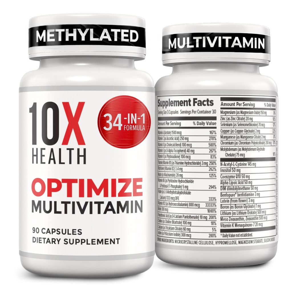 10X Santé Optimiser la multivitamine pour les hommes - 90 capsules, multivitamine méthylée 34 en 1 formule avec 800 μg de vitamine B12, 5-MTHF, NAC - Complexe méthyl B, supplément MTHFR