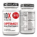 10X Health Optimize Multivitamina per gli uomini - 90 capsule, Multivitamina metilata 34 in 1 Formula con 800 mcg di vitamina B12, 5-MTHF, NAC - Methyl B Complex, MTHFR Supplement