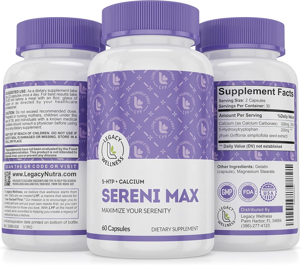 SERINI-MAX - 5-HTP Mood Support Supplement + Calcium - Supports Calm & Peaceful State of Mind - Boost Serotonin, 5HTP 200mg for Stress Management & Sleep Support Supplements - 60 Capsules