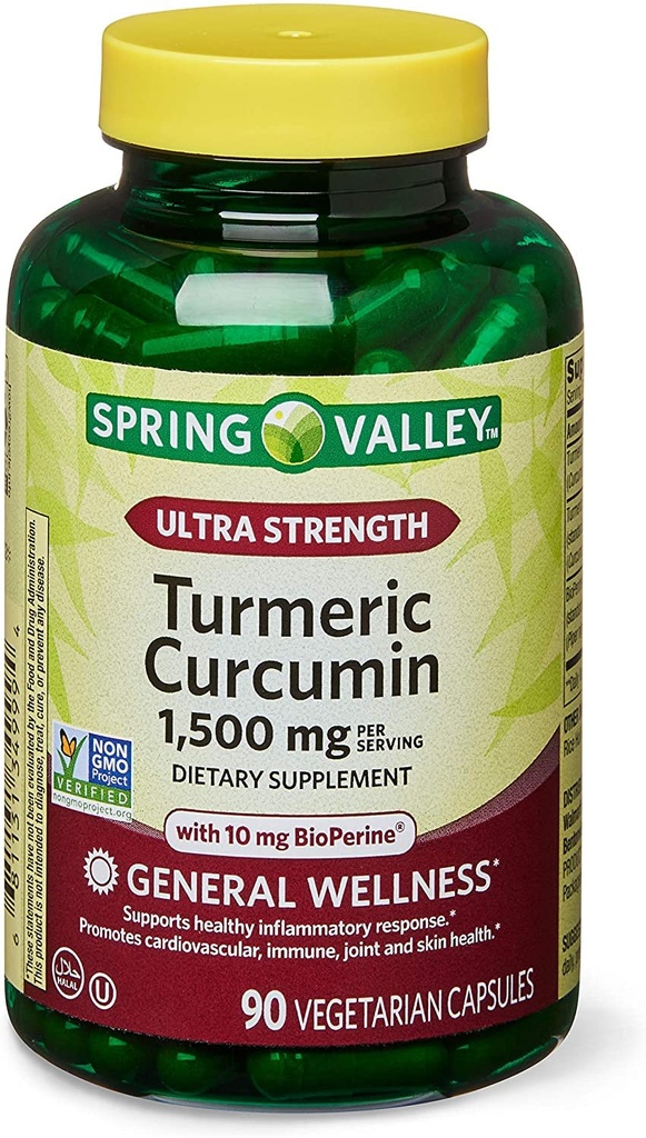 Spring Health 2 Set- Spring Valley Ultra-Strength Curcumin Turmeric 1,500mg 90 capsule + la vostra guida di vitamina, 1,0 conte
