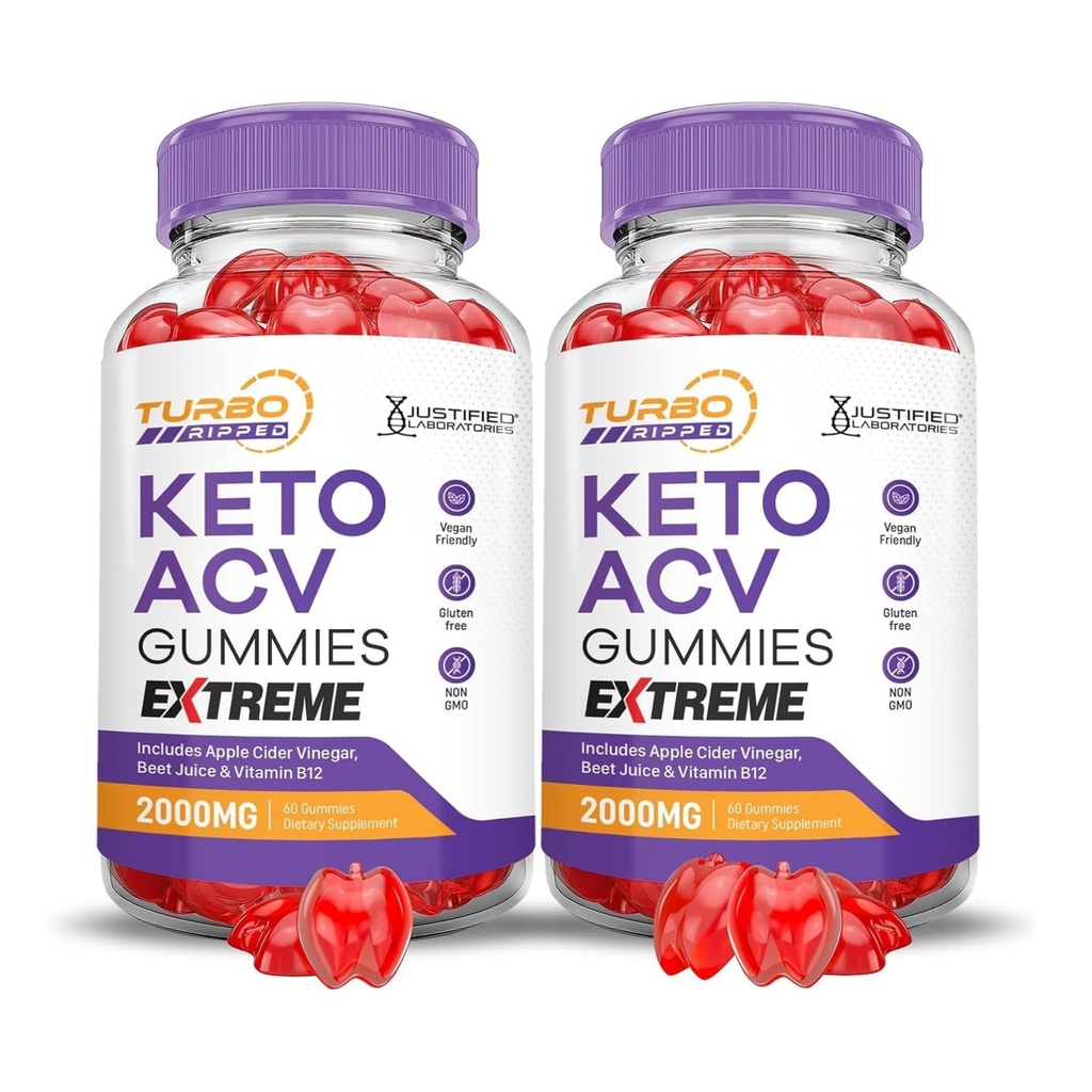 Justified Laboratories (2 Pack Turbo Ripped Keto ACV Gummies Extreme 2000MG Turbo Ripped Keto Gummies Apfelessig geformt mit Granatapfel Rübensaft Pulver B12 Vegan Non GMO 120 Gummys