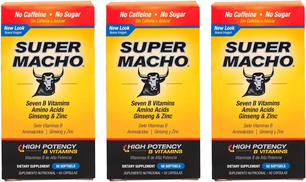 Super Macho Nahrungsergänzung mit hoher Potenz Zink & 7 B Vitamine, keine Konservierungsstoffe, Zucker oder Koffein, Made in USA, 50 Softgels (3 Pack)