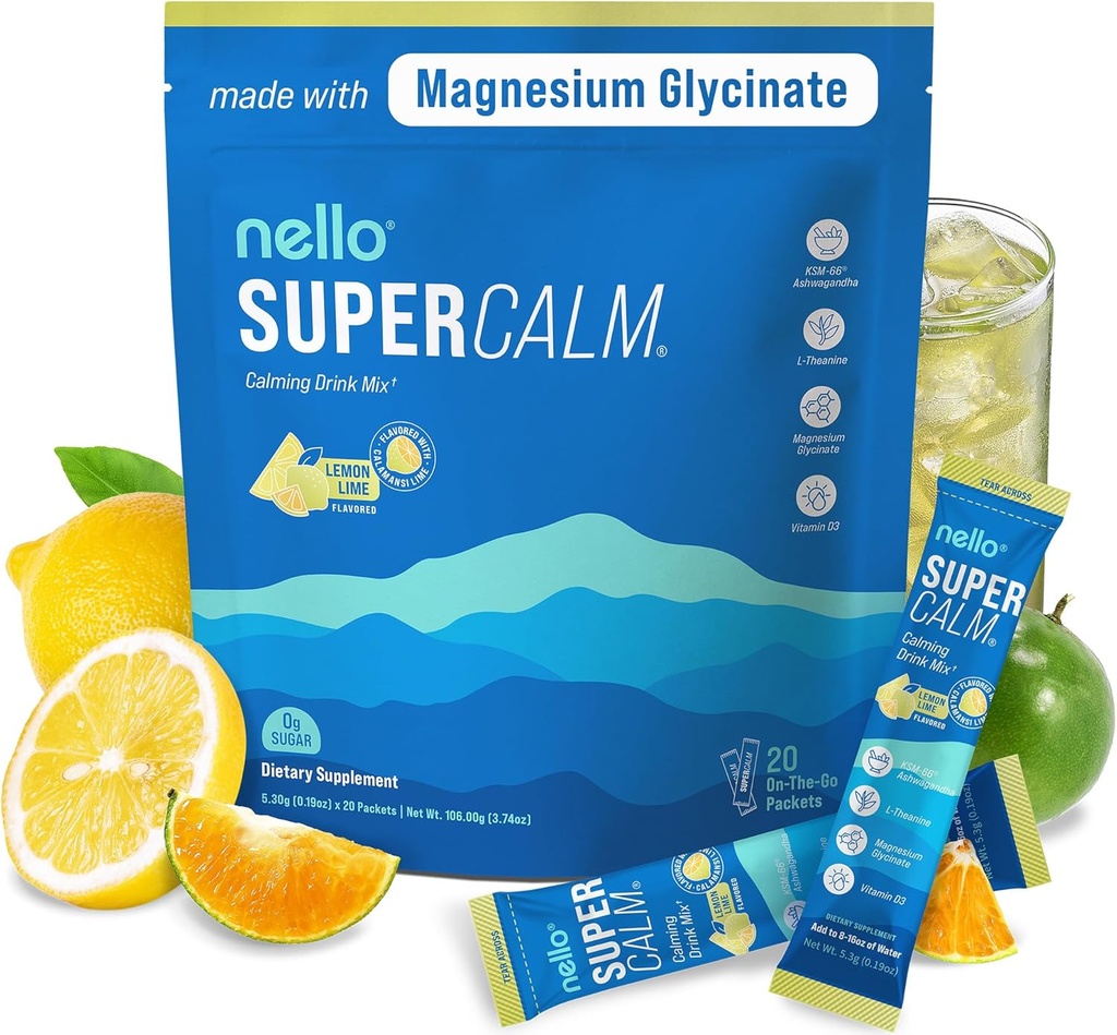 Nello Supercalm Drink Mix - Ashwagandha KSM 66, Magnesium Glycinate & L-Theanine Supplement, Vitamina D3 - Ashwagandha Root Extract - Focus and Relaxation Support (20 Travel Packets) - Lemon Lime