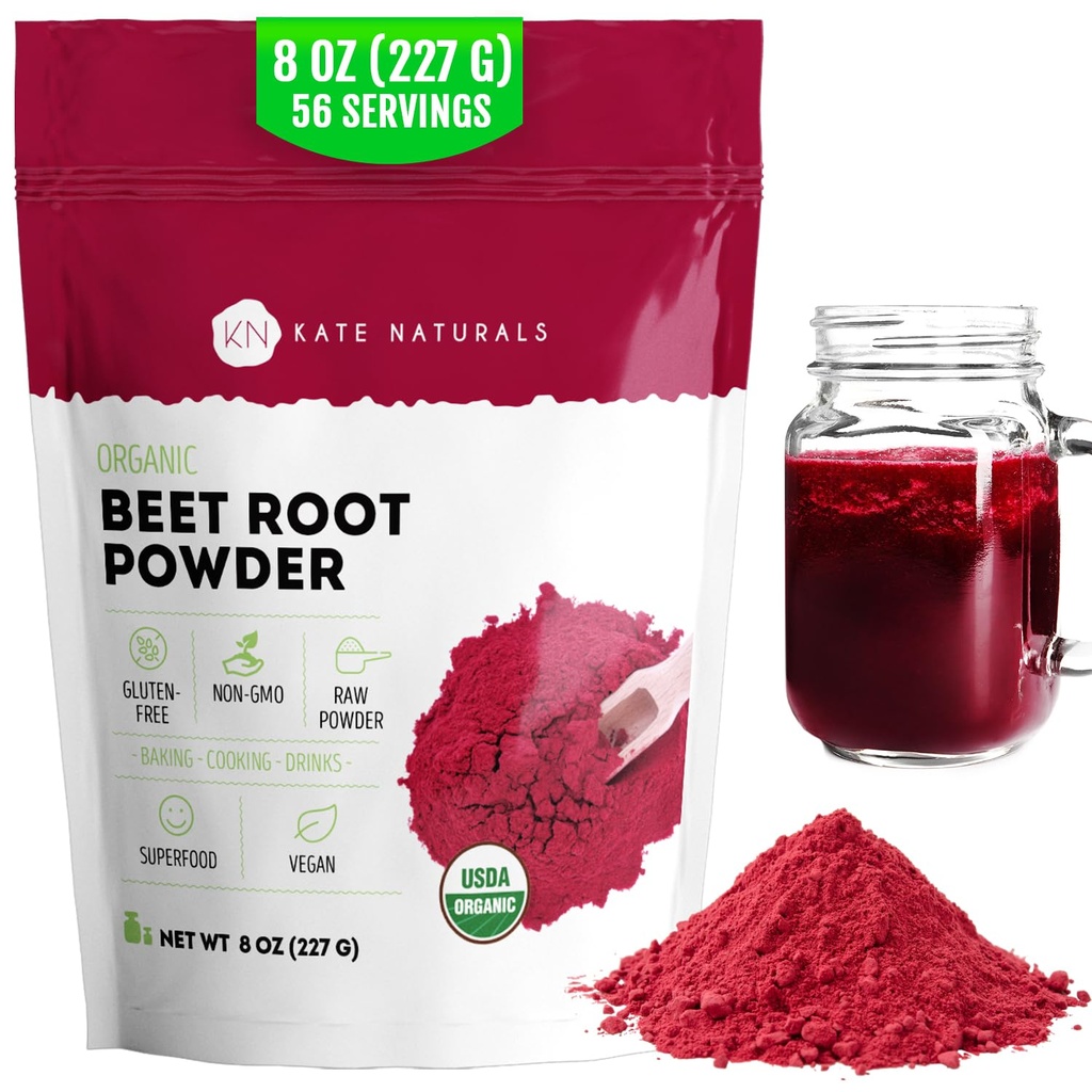 Kate Naturals Organic Beet Root Powder für Glatteien, Backen und Saft. Raw Beetroot Superfood & Natural Red Food Coloring (8oz, Non-GMO, Erdige Geschmack)