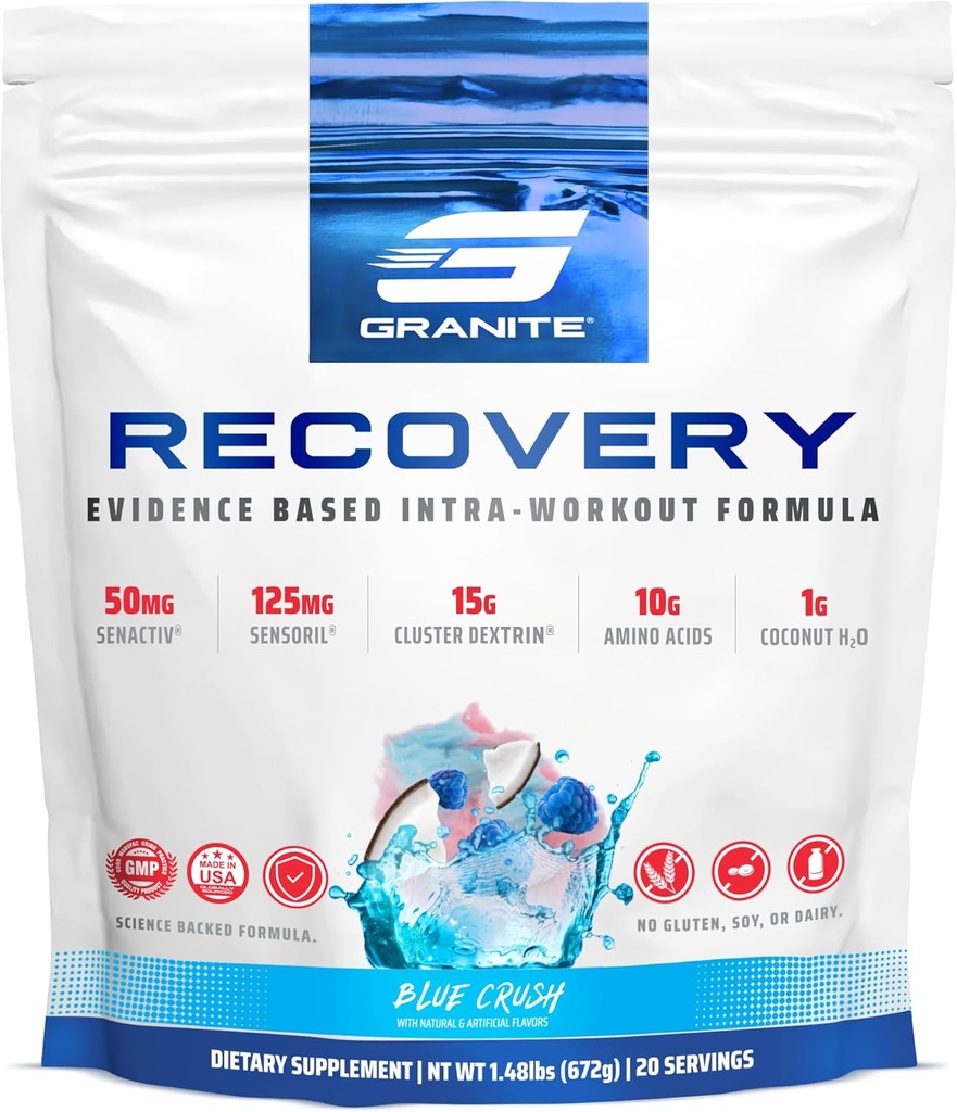 Supplément de récupération de granite intra et post-entraînement, Blue Crush Flavor, avec 10g Aminos, Electrolytes, Cluster Dextrine, & Sensoril, soutient la récupération musculaire et la croissance (20 portions)