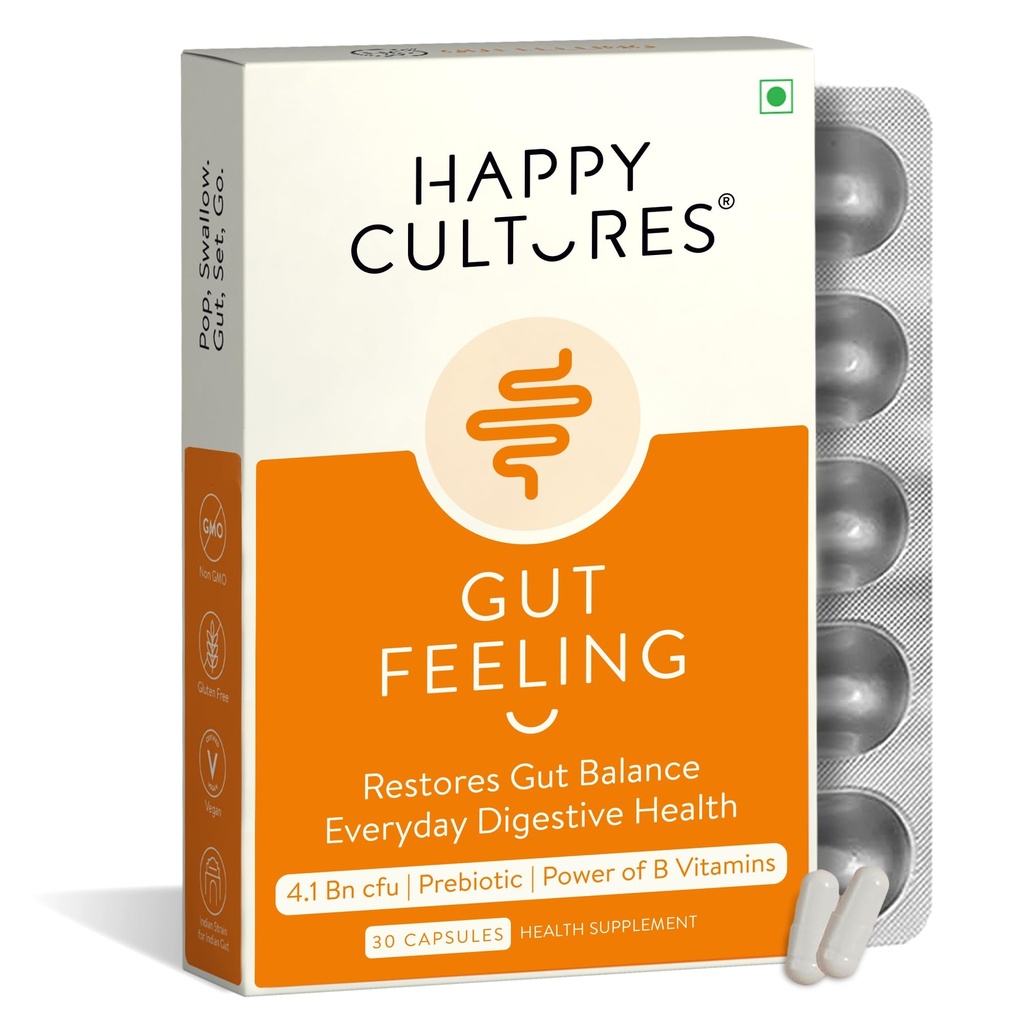 Happy Cultures Gut Feeling Digestion Supplement Einzigartige Mischung von Probiotika für tägliche Verdauungsgesundheit B-Vitamins Gut Health Supplement für Bloating, IBS, Verdauung Klinisch getestet - 30 Veg Kapseln