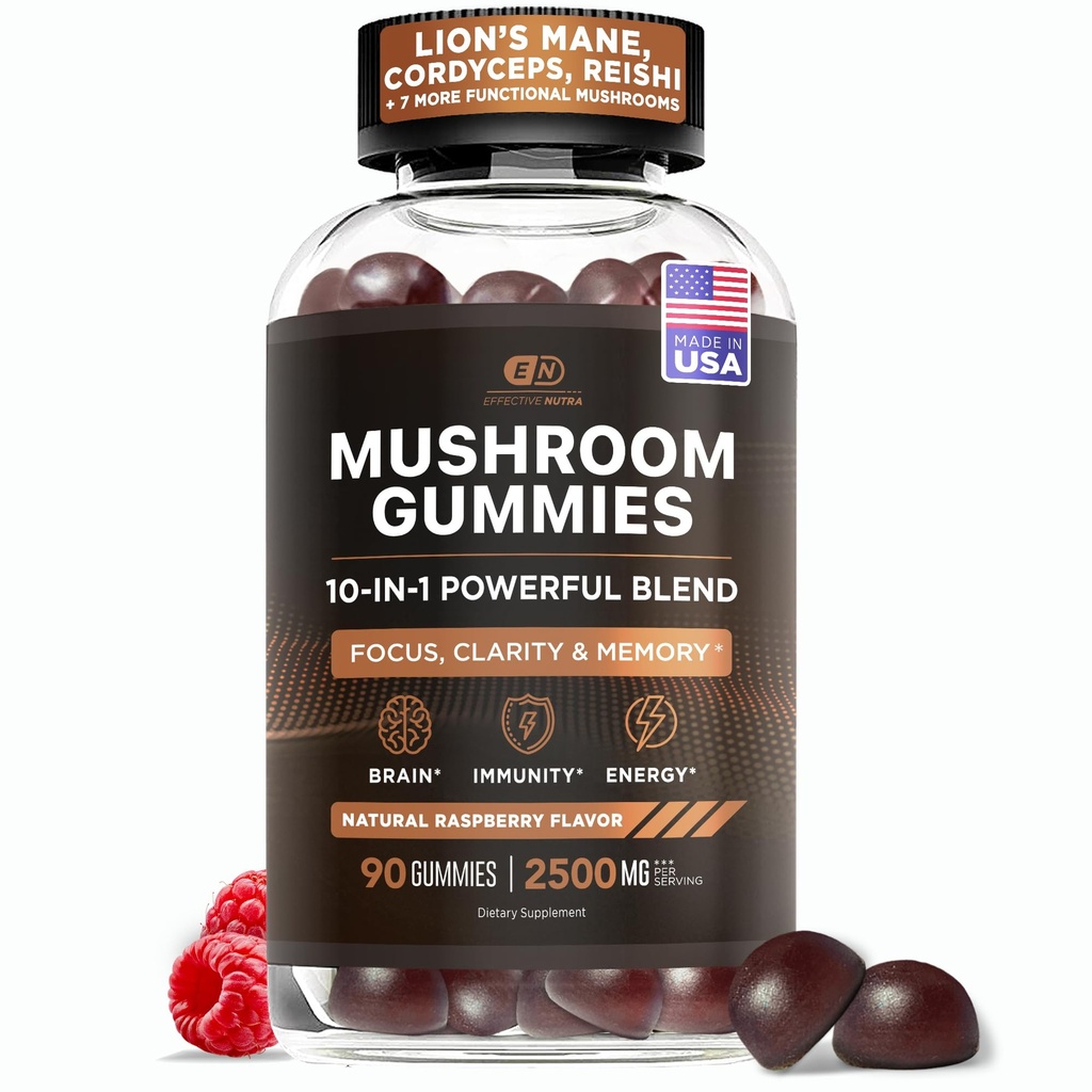 Gummies efficaces Nutra Mushroom 2500mg - 10in1 Lion.S Mane, Reishi, Chaga, Cordyceps et plus - Focus, Clarity, Mémoire, Immunité, Énergie - Flaveur de framboises naturelles, Vegan, Fabriqué aux États-Unis (90 comte)