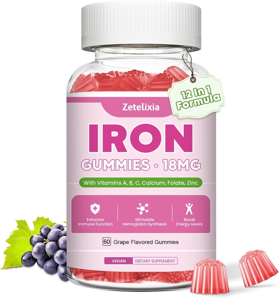 Gommies de supplément de fer végétalien pour les femmes et les hommes, Anémie, Constructeur de sang et soutien énergétique pour la carence en fer, avec vitamine C, complexe A, B, folate, racine de betterave, CoQ10, zinc, sans sucre, 60 comte