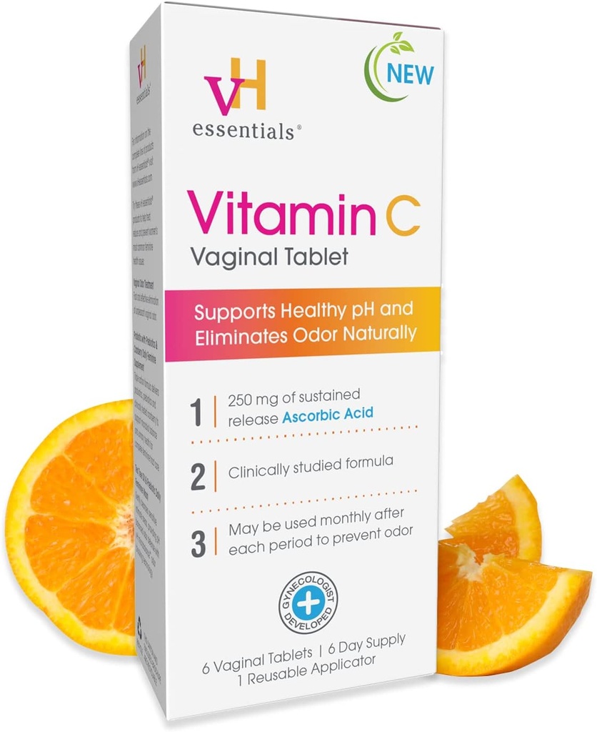 vH essenziali Vitamina C Vaginal Tablet - Boric Acid Suppository Alternative - Supporta il pH sano ed elimina naturalmente l'odore vaginale, Suppositori per la salute vaginale 6 conte, 1 applicatore