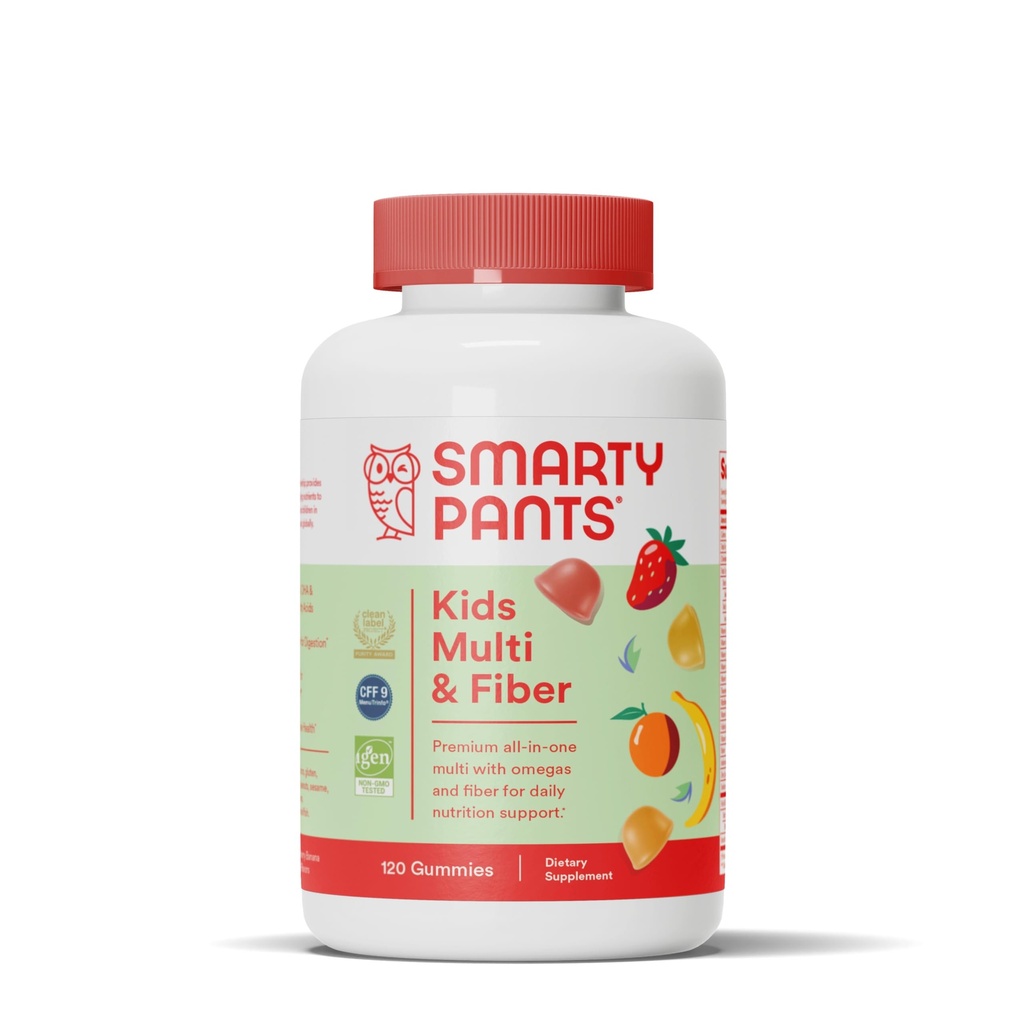 SmartyPants Gummies multivitamine pour enfants et supplément fibreux : vitamine D3, C, vitamine B12, B6, A, zinc, biotine, inositol, gommes fibreuses, trois arômes de fruits, 120 comtes (30 jours)
