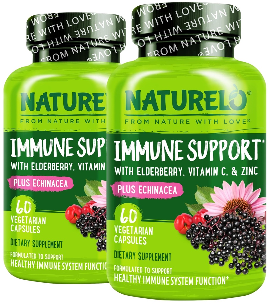 NATURELO Supporto Immune Vitamina C, Elderberry, Zinco, Echinacea Natural Immunity Boost w/Antioxidant, Herbal & Mineral Defense - 60 Vegan Capsules (Pack of 2)