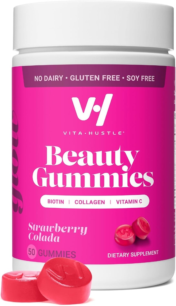 VitaHustle Beauty Gummies, 2500 mcg Biotin, 100 mg Collagen, Vitamin C, B-Komplex, Starkes Haar, Hautnägel, Niedriger Zucker, Non GMO, Erdbeer Colada, 50 Count