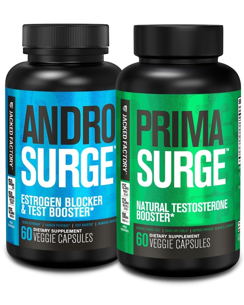 Jacked Factory Testosteron Booster für Männer | Estrogen Blocker mit Tongkat Ali - Androsurge Anti-Estrogen + Primasurge Natural Test Booster - für Muskelwachstum, Vitalität, Energie, 30 Tage Versorgung