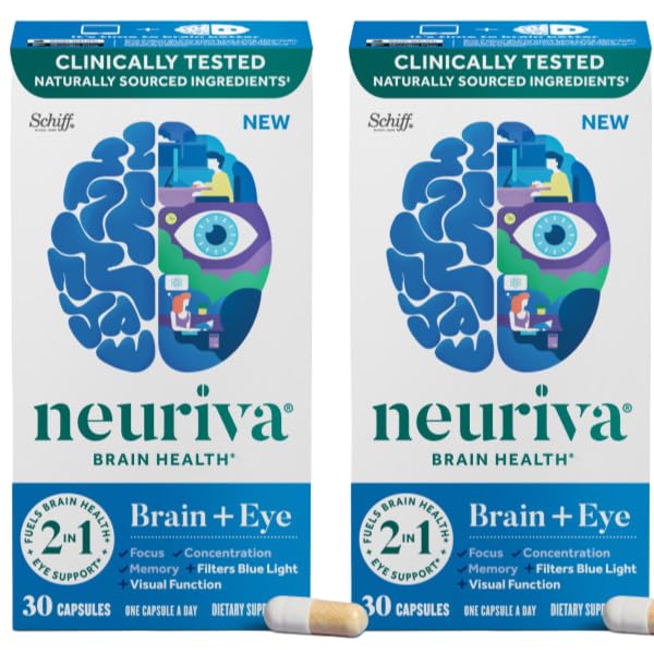 NEURIVA Brain + Eye Supplemento per Memoria, Focus & Concentrazione con Luteina clinicamente testata e Zeaxanthin, Vitamine A C & E + Zinc per la salute degli occhi & Filtro Blu Luce 30 Conta capsule (2 Confezione)