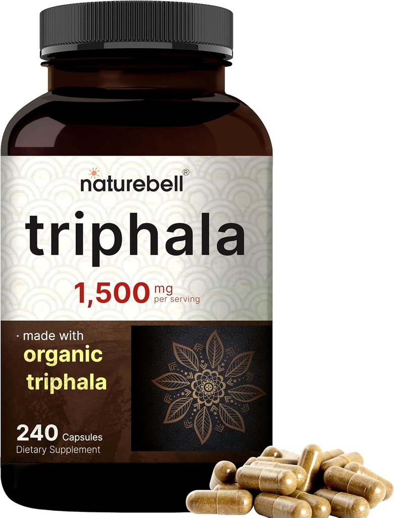 NatureBell Triphala Capsules Supplément, 1 500mg par portion, fabriqué avec de l'amla biologique, Bibhitaki, poudre de fruits Haritaki – soutient la santé digestive – double résistance, non-OGM