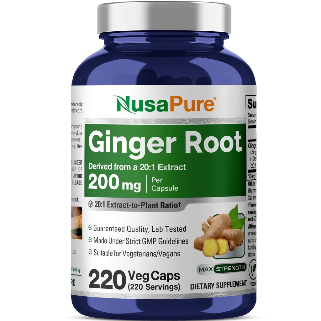 NusaPure Ginger Racine Capsules 20:1 Extrait, 200 mg Équivalent à 4 000mg par Veggie Caps