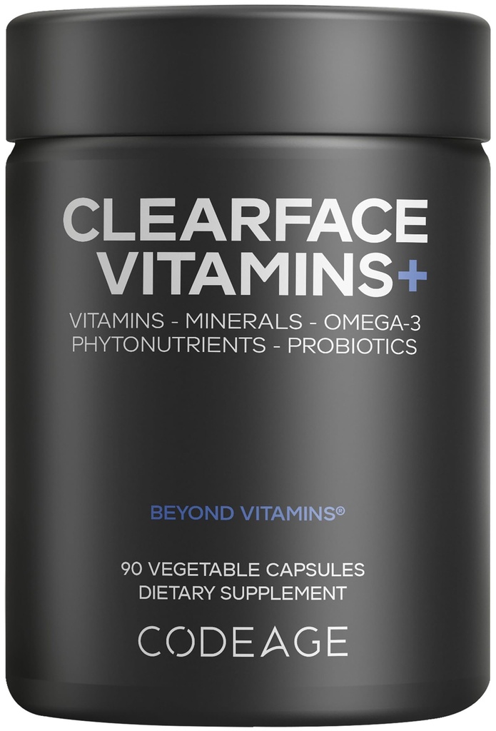 Codeage Clearface Acide pantothénique, supplément de niacine, vitamines A, C, D3, E, probiotiques, zinc, riboflavine, thiamine, L-Lysine HCL & Omega-3, niacinamide, mélange botanique de la peau - Non-OGM - 90 capsules