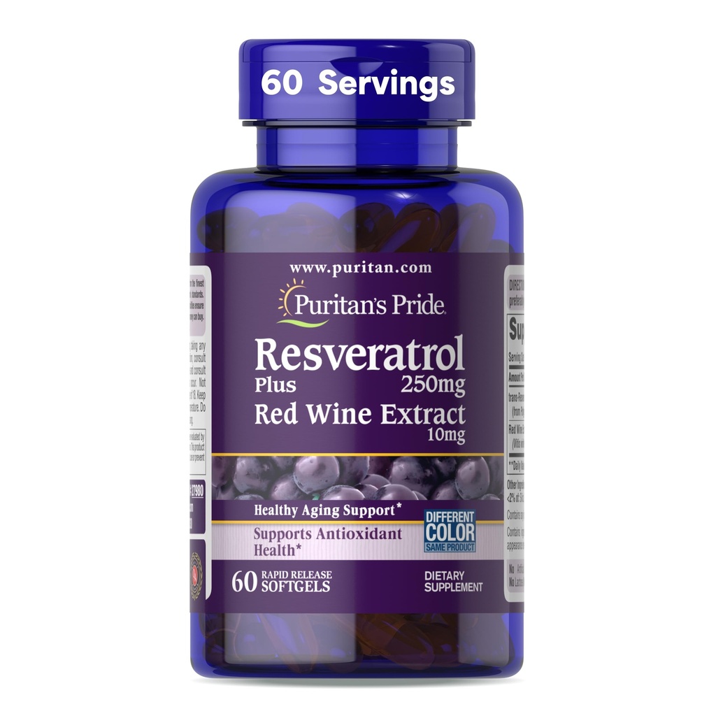 Puritan's Pride Premium Resveratrol Youth GuardTM 250mg, Nahrungsergänzungsmittel für Immunsystem, Antioxidans, Zuckermetabolismus, Blutfluss und Vascular Function Support, 60 Rapid Release Softgels