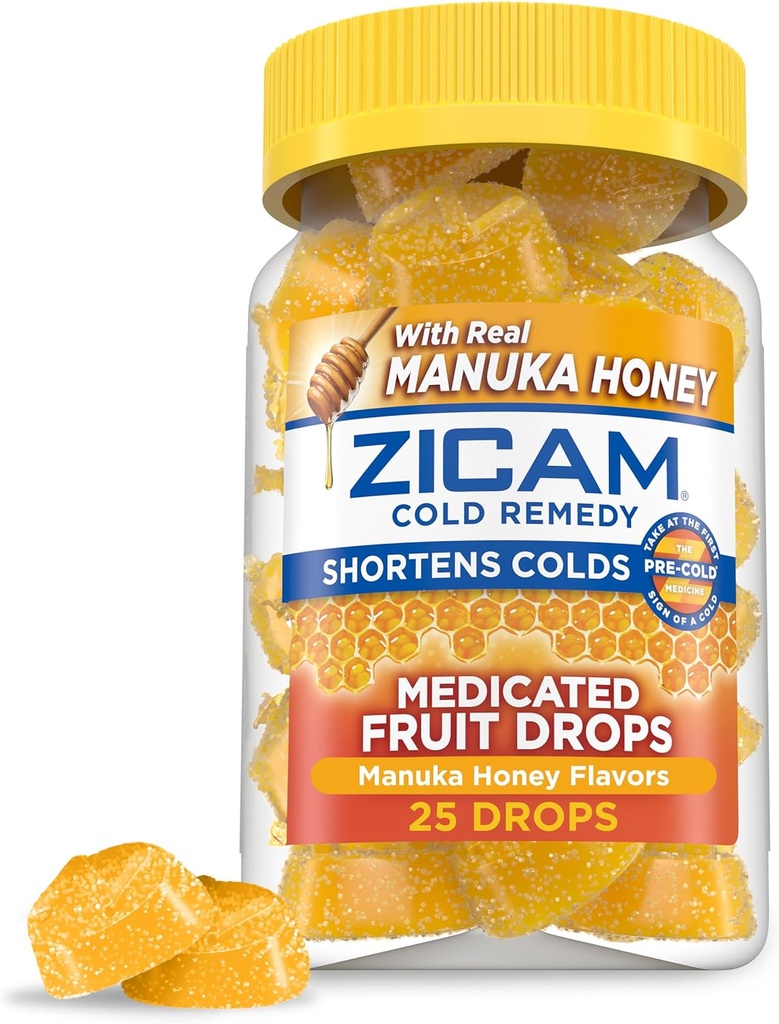 Zicam Cold Remedy Zinc Gocce di frutta Medicated, Manuka Miele Flavor, Omeopatico, Medicina di accorciamento a freddo, abbrevia la durata del freddo, 25 conte