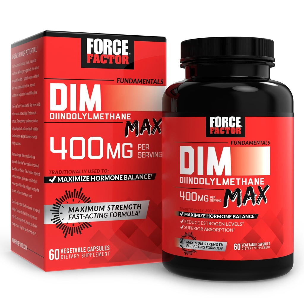 FORCE FACTOR DIM Max, DIM Supplement 400mg, Estrogen Balance für Frauen und Männer, extra Stärke für Hormon Akne, Stoffwechsel, Menopause, PCOS, Diindolylmethan, Superior Absorption, 60 Kapseln