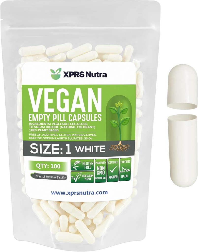 XPRS Nutra Taille 1 Capsules vides - 100 Compte Capsules vides de végétalien - Pilules végétariennes - Bricolage Gélule végétale Remplissage- Bouchons de pilules pour Do-It-Youlf Suppléments (Blanc)