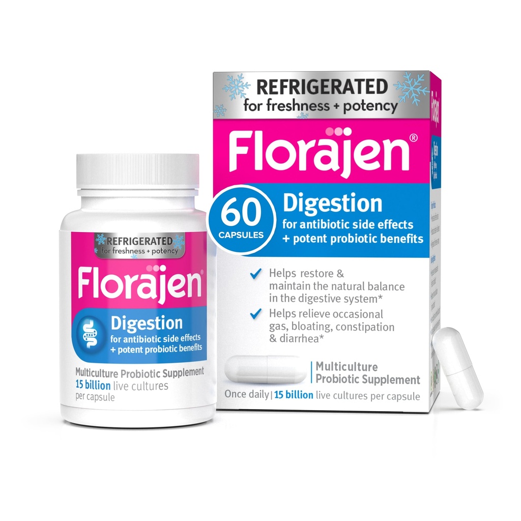 Florajen3 Digestion Probiotiques réfrigérés à haute puissance Restaure l'équilibre dans le système digestif pour les effets secondaires antibiotiques 60 capsules