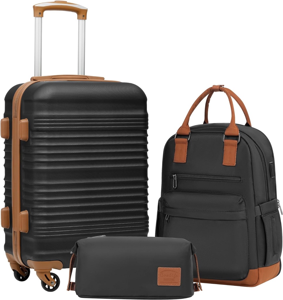 Set di bagagli Coolife 3 pezzi Bagaglio su valigia Hardside Bag con ruote TSA Lock Spinner (nero, set 3 pezzi (BP/TB/20))