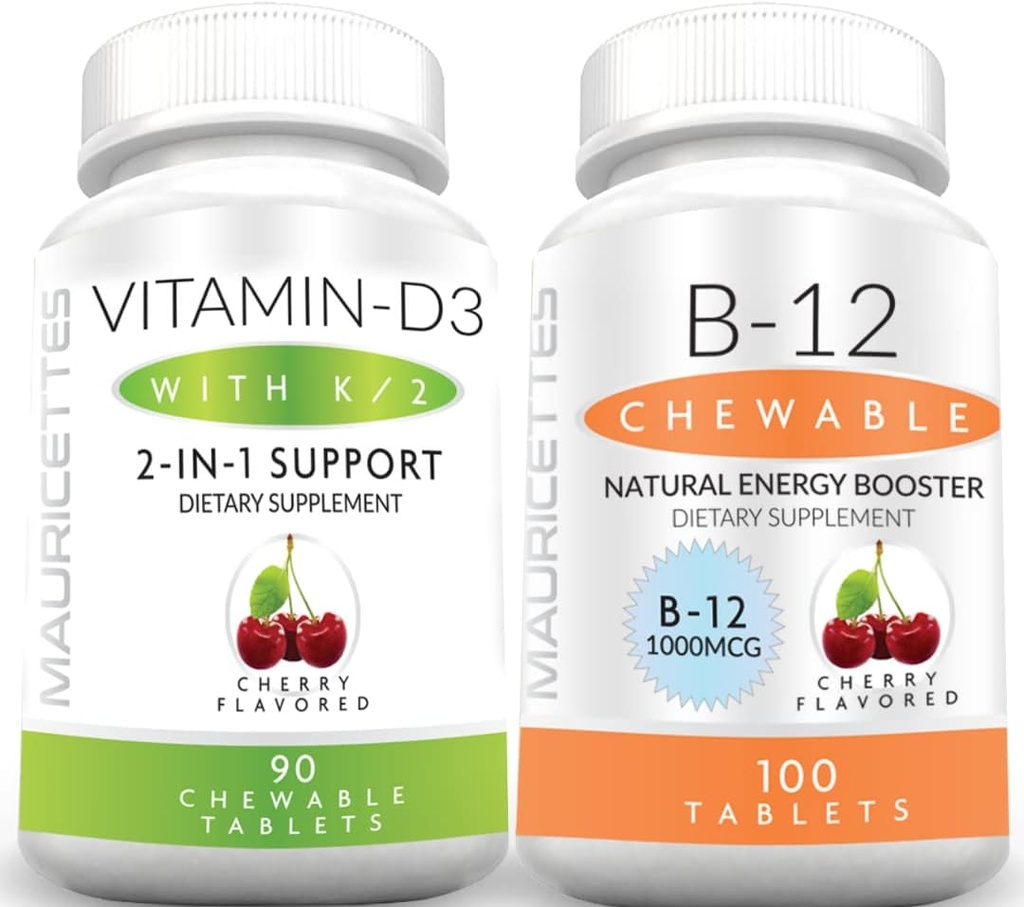 Mauricettes Vitamine à croquer D3 avec K2 et Vitamine à croquer B12 1000 mcg Énergie et crème de soutien