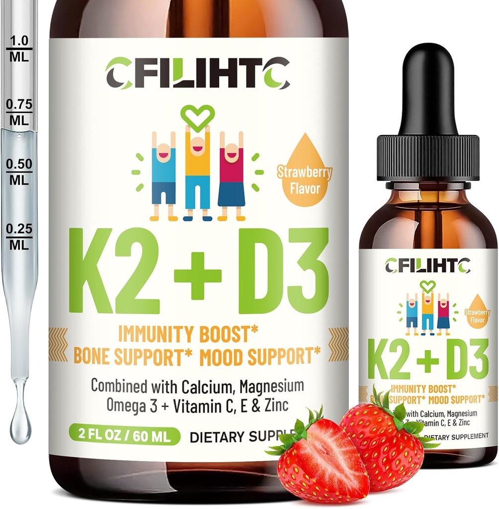 Vitamina D3 K2 Gocce per bambini - Omega 3, Vitamina E, Calcio, Magnesio e Zinco per un migliore assorbimento - Liquido MK7 1000 IU D3 per le ossa sane, denti e supporto cardiaco - Non OGM, 2 Fl Oz