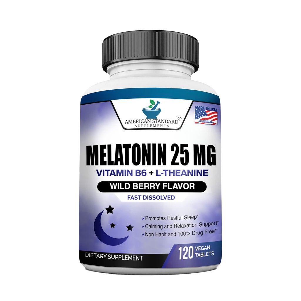 Melatonin 25 mg pro Tablette, 120 kaubare Tablette mit L-Theanin & Vitamin B-6, unterstützt gesunden Schlafzyklus, fördert beruhigenden und erholsamen Schlaf, vegan, NICHT GVO, Made in USA
