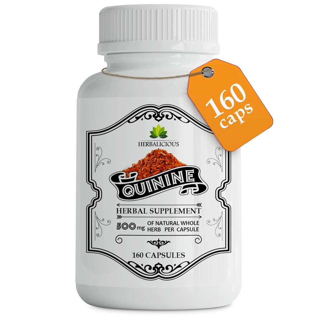 Quinine Capsules - Cinchona Officinalis Bark Supplemento di erbe per muscolo, Cramp Defense e salute generale digestiva - Pillole Quinine Sulfate All-Natural, 500 mg per capsula, 160 compresse