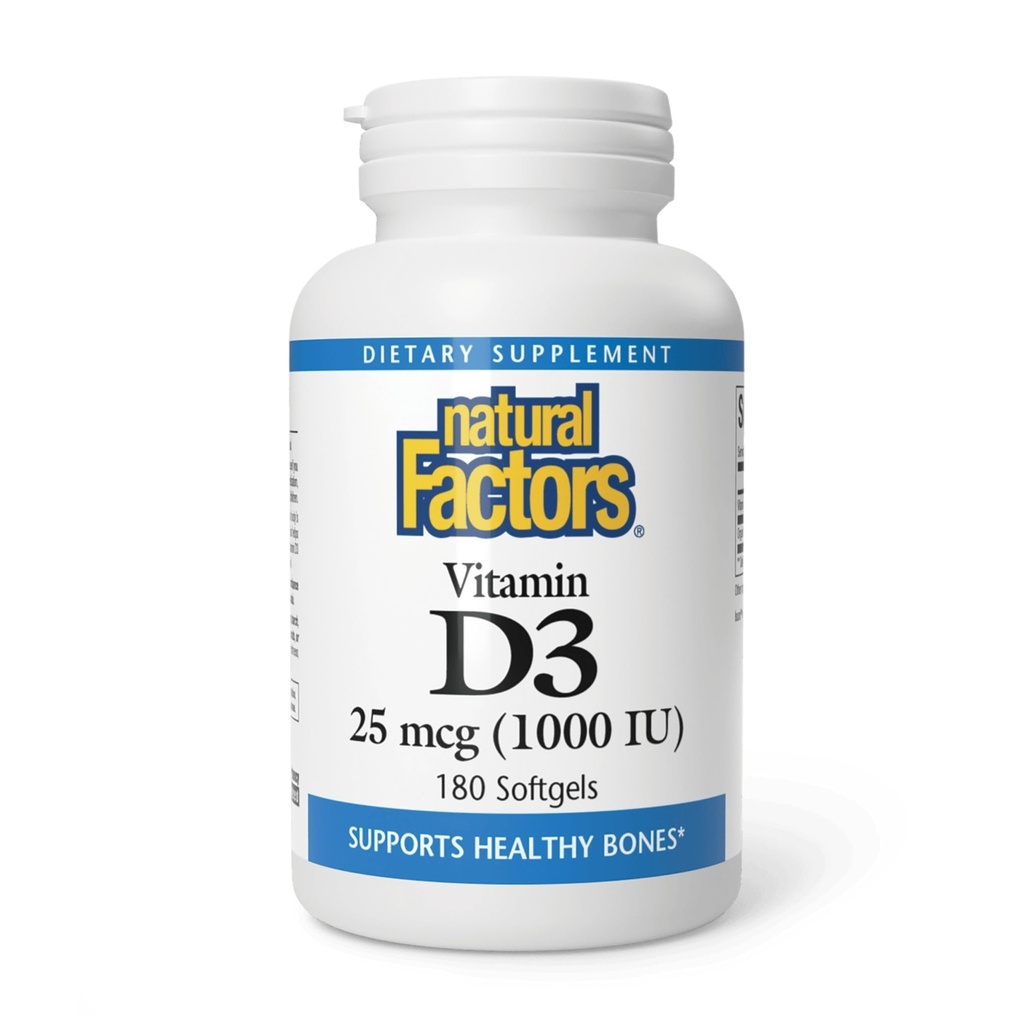 Natürliche Faktoren, Vitamin D3 1000 IU (25 mcg), unterstützt starke Knochen, Muskeln und Immunfunktion, 180 Tabletten