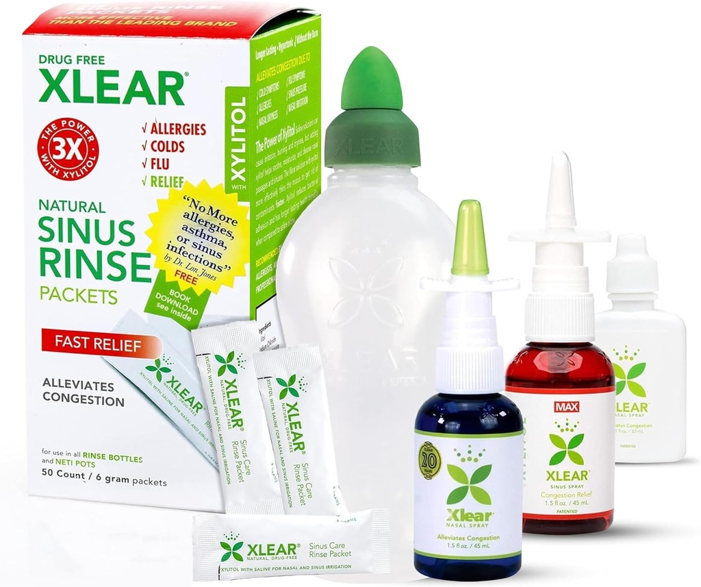 Kit di soccorso allergia Xlear, Kit di soccorso all'allergia di tutti i giorni Compreso spray nasale Xlear con Xylitol, Spruzzo nasale Xlear MAX, Vaso di risciacquo nasale Xlear e 50 confezioni di ricarica