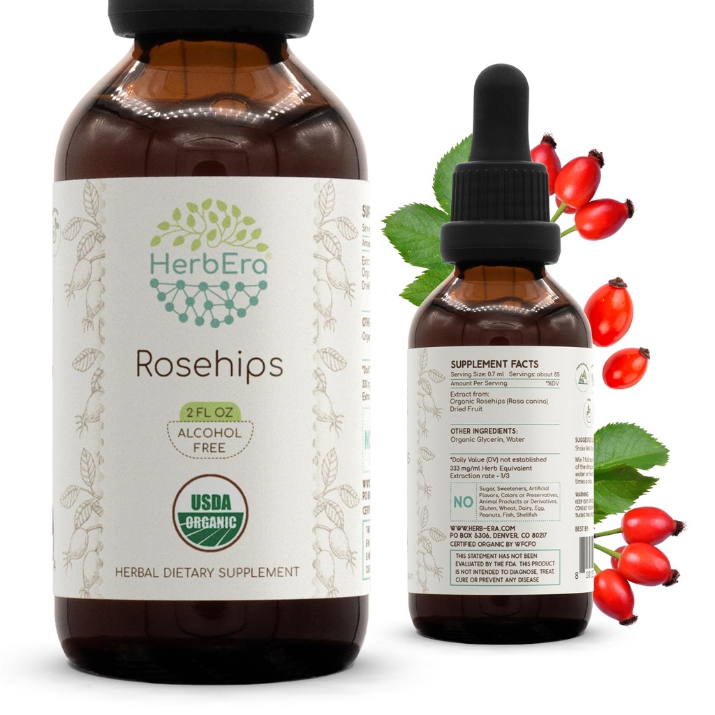 HerbEra Rosehips B60 USDA Organic Tincture | Alkoholfreier Extrakt, hochwirksame Kräutertropfen | Certified Organic Rosehips (Rosa spp.) Getrocknete Früchte (2 oz)