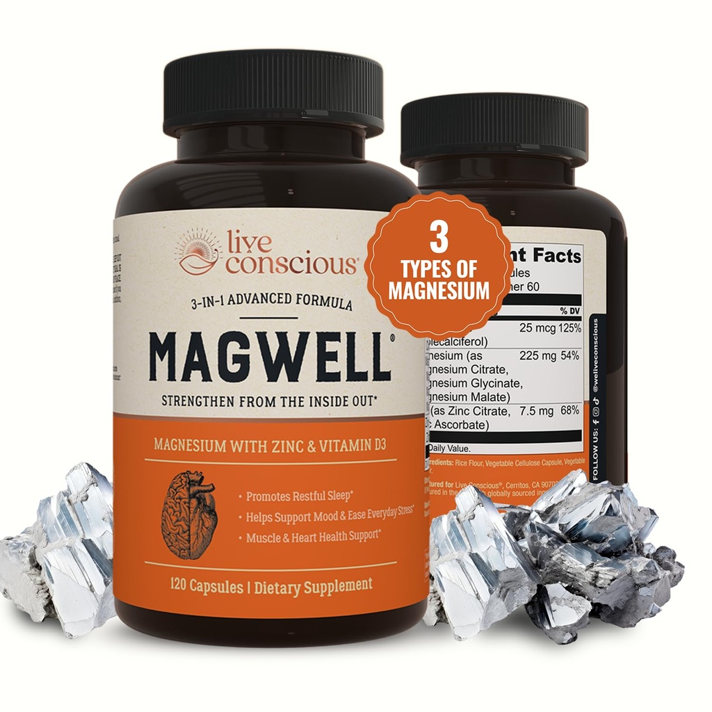 Magwell Magnesium Zinc & Vitamin D3 - Magnesium Glycinate, Malate, & Citrate - Supplemento triplo per le donne & uomini - per il sonno, Bone, Cuore, Supporto immunitario - 120 Caps