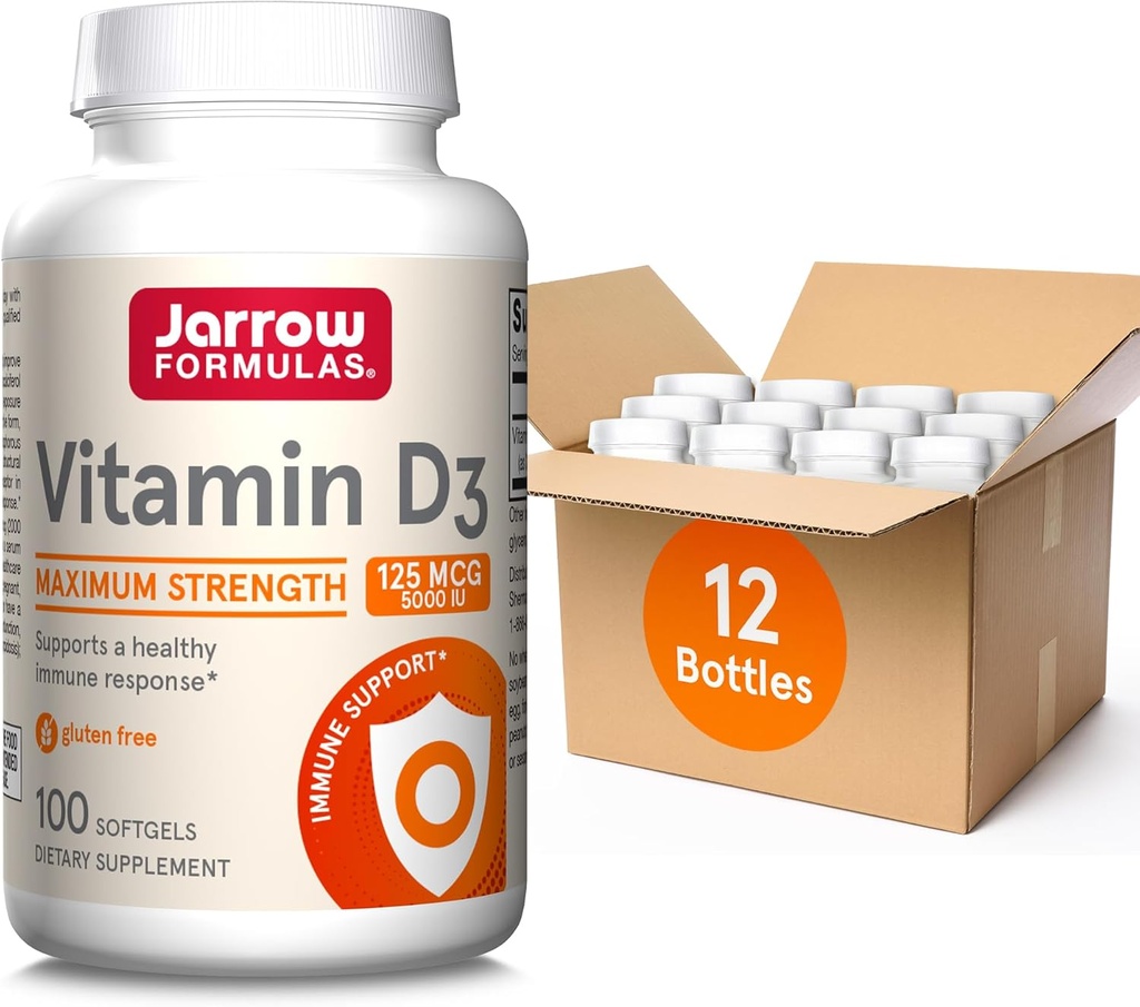 Jarrow Formulas Vitamin D3 125 mcg (5000 IU) - 100 Servierungen (Softgels) - Knochengesundheit, Immununterstützung & Calcium Stoffwechselunterstützung - Vitamin D Supplement - D3 Vitamine - 5000 IU Vitamin D (Pack von 12)