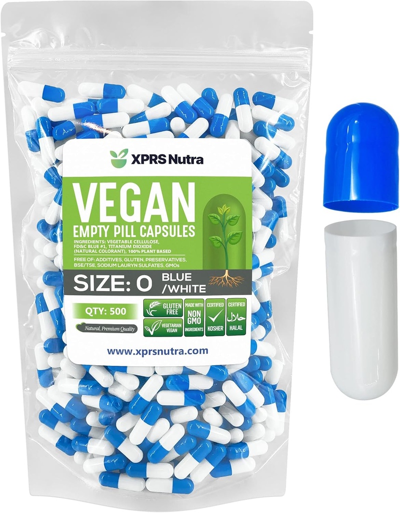XPRS Nutra Taille 0 Capsules vides - 500 Compte Capsules vides de végétalien - Pilules végétariennes - Bricolage Gélule végétale Remplissage - Bouchons de pilules pour les suppléments Do-It-Youlf (Blue/White)