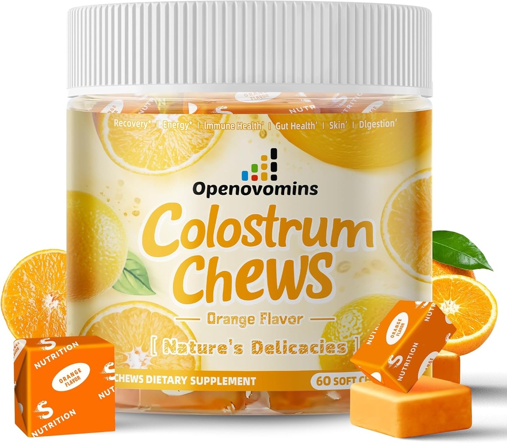 Bovine Colostrum Soft Chews Supplement with probiotics for Gut Health, Bloating, Immune Support, Skin, Hair Growth and Beauty - Orange Flavor (60 Servings)
