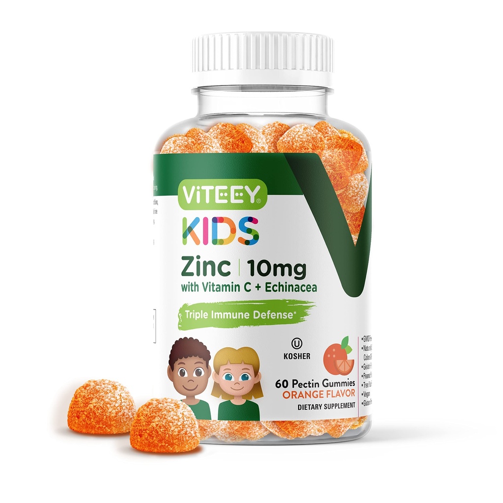 Viteey Zink für Kinder Gummi 10mg, mit Vitamin C & Echinacea - Immununterstützung, Leistungsstarkes natürliches Antioxidans, Kinder Zink Vitamin Supplement - Vegan, Gelatin kostenlos - Tasty Chewable Orange Flavor Gummy